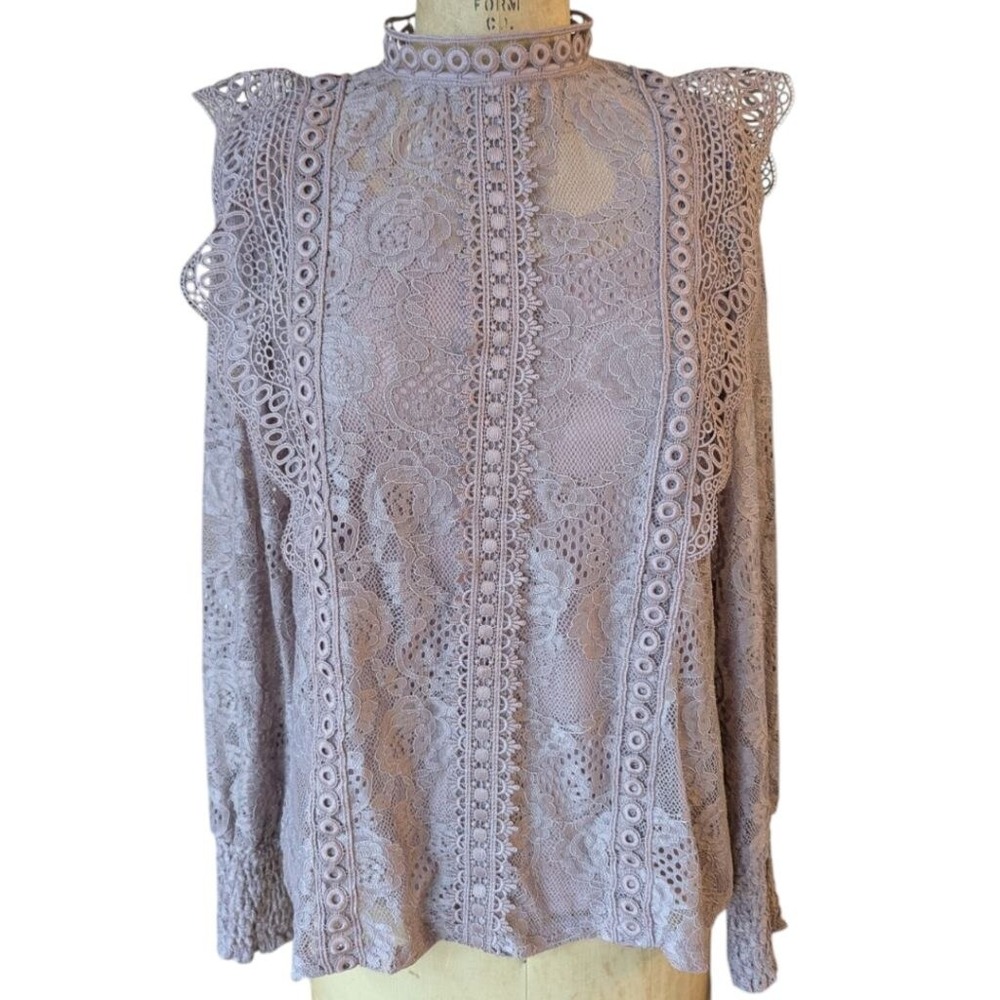 Cable & Gauge Lace Blouse Mauve Crochet Ruffle Mock Neck Women Sz S Cottagecore